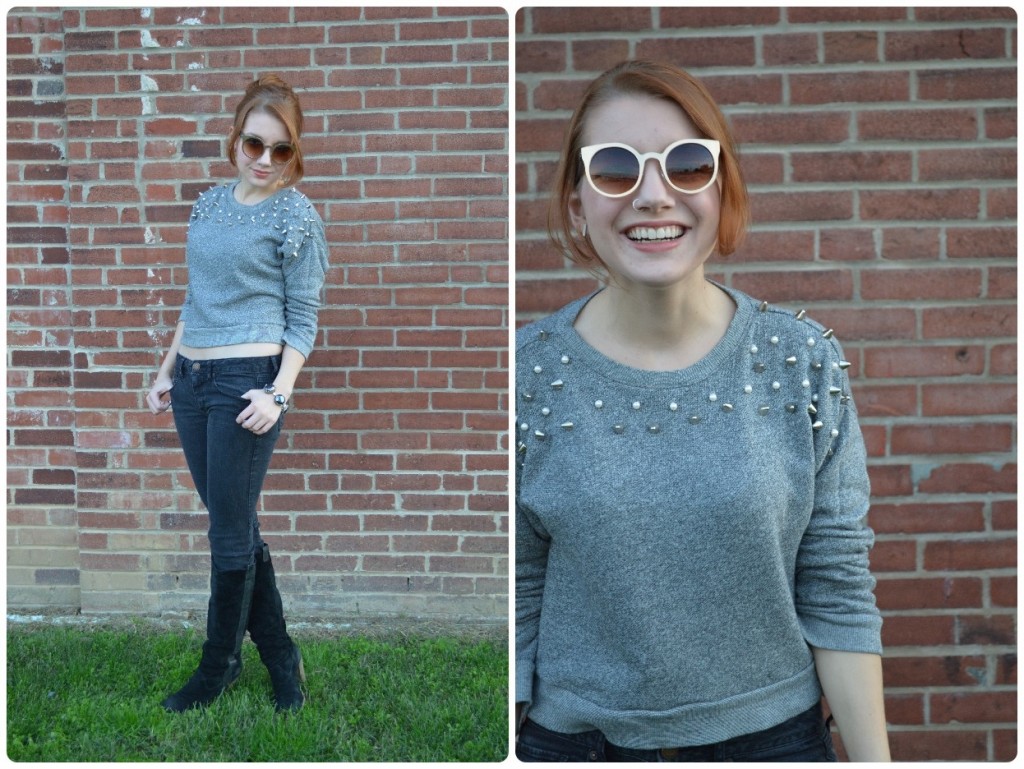 Grey Embellished Sweatshirt with Black Skinny Jeans and Boots (ed4)