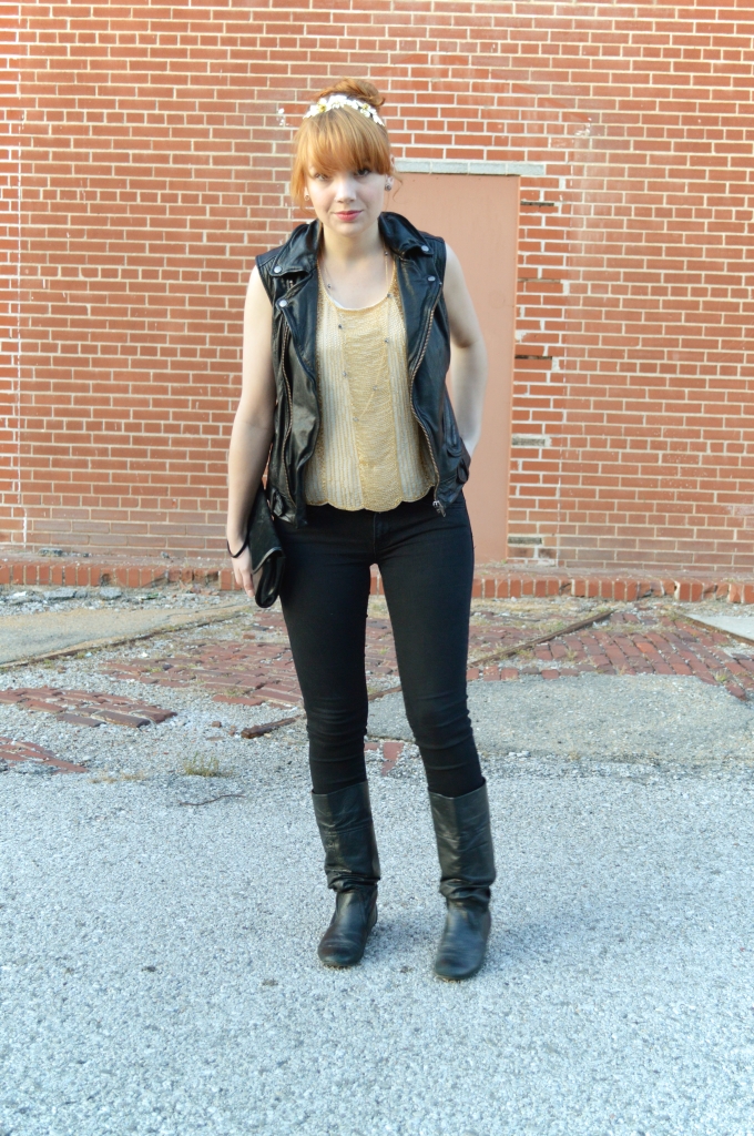 Beaded Art Deco Crop Top with Leather Vest and Skinny Jeans (2)