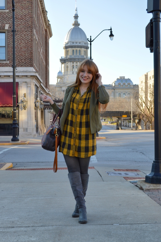 Buffalo Plaid Shirt Dress with Anthropology Senlis Satchel Oryany in downtown Springfield IL (10)