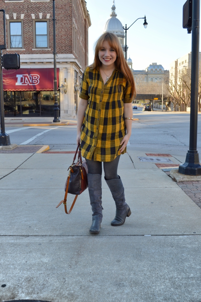 Buffalo Plaid Shirt Dress with Anthropology Senlis Satchel Oryany in downtown Springfield IL (7)