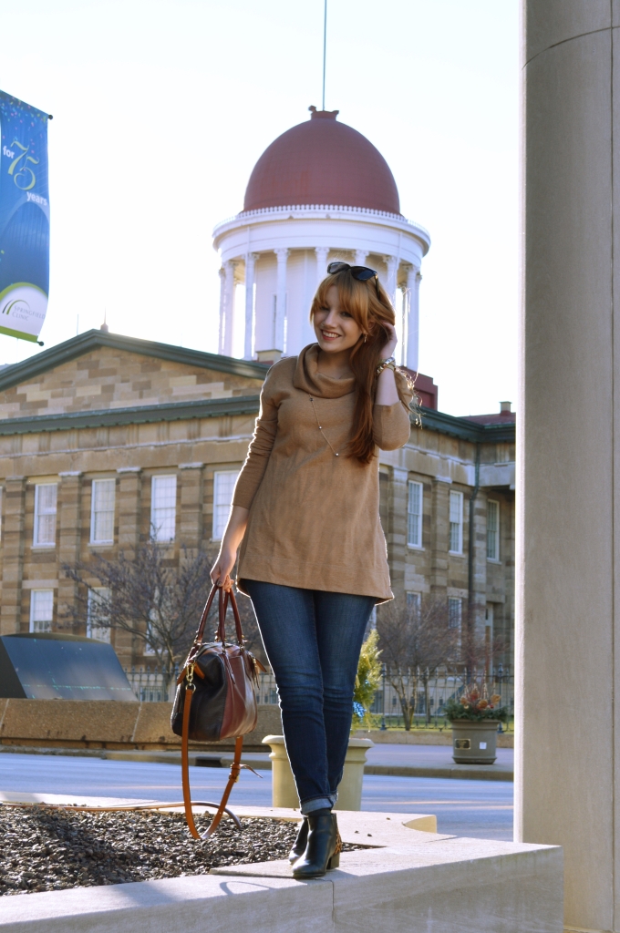 Outfit - Cowl Neck Sweatshirt Tunic with Naturalizer Leopard Booties and Anthropologie Satchel (1)