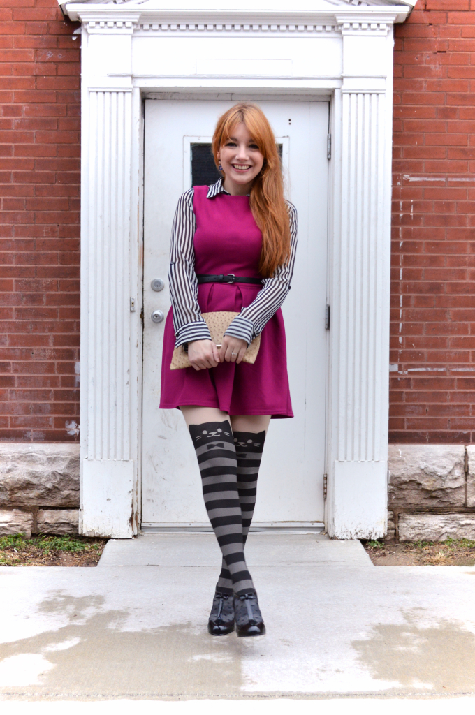 Cat Tights with Top Shop Dress and Polka Dot Vogue T Strap Heels (2)