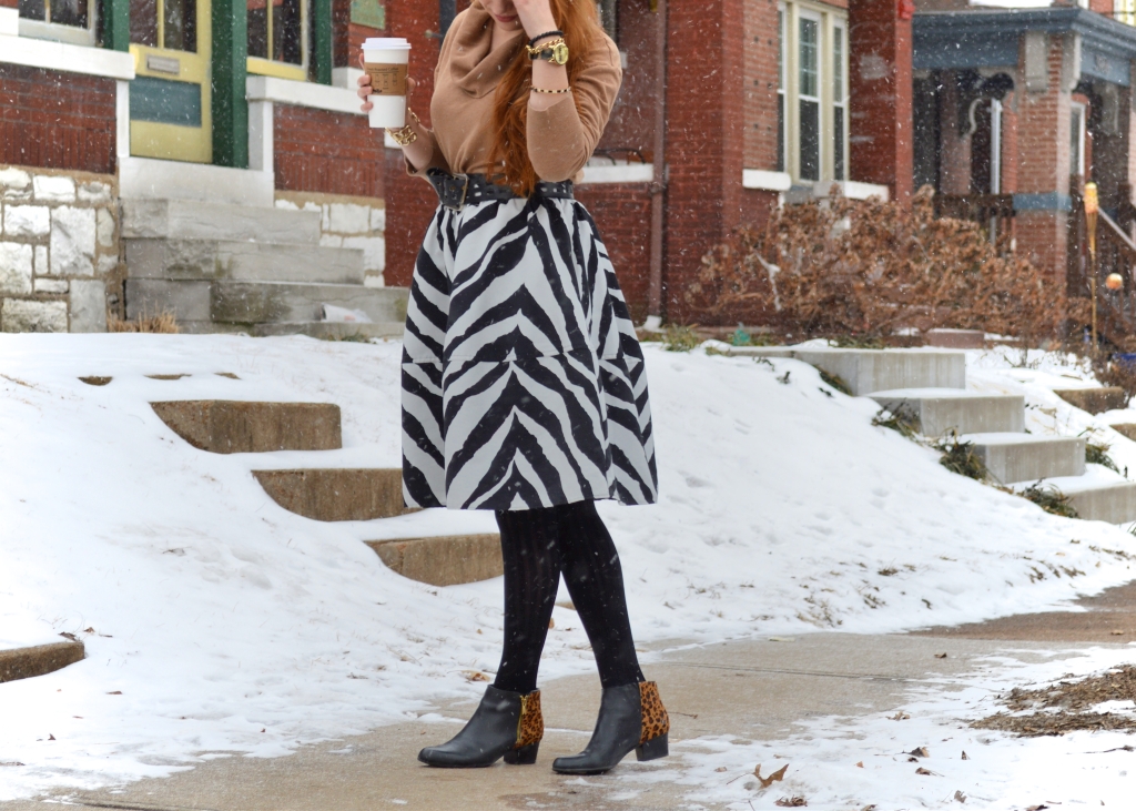 South St Louis City - Zebra circle midi skirt with leopard booties and a cat watch near Hartford Coffe Co (2)