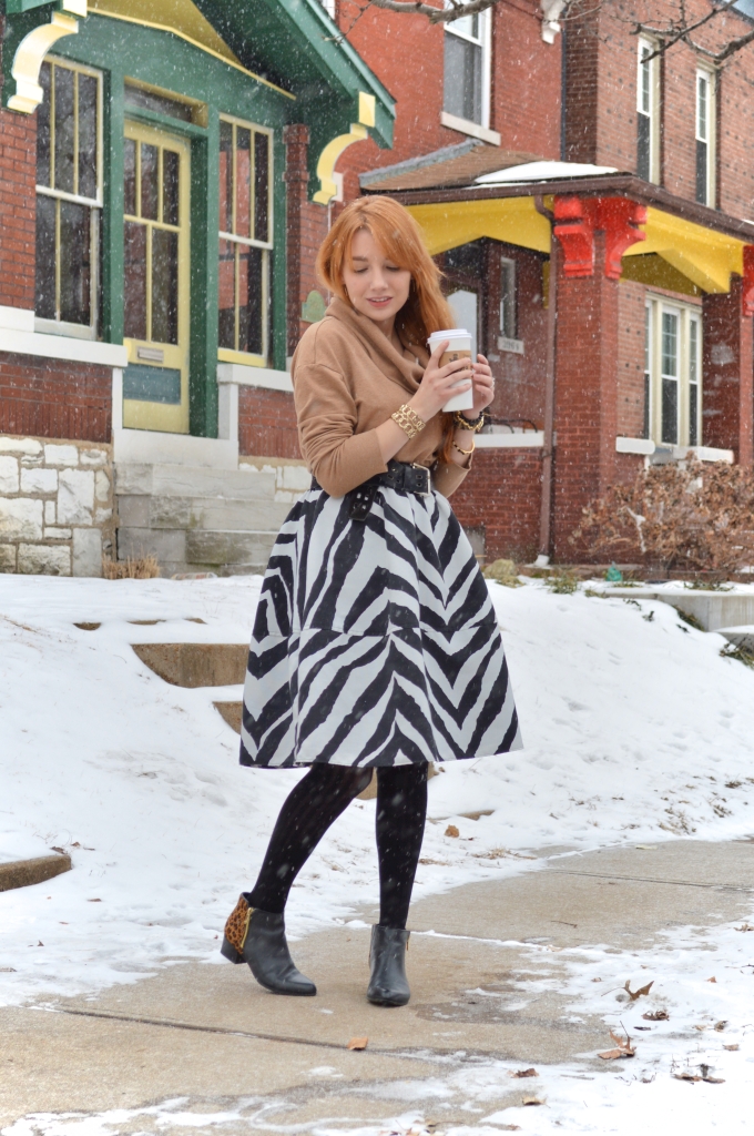 South St Louis City - Zebra circle midi skirt with leopard booties and a cat watch near Hartford Coffe Co (4)