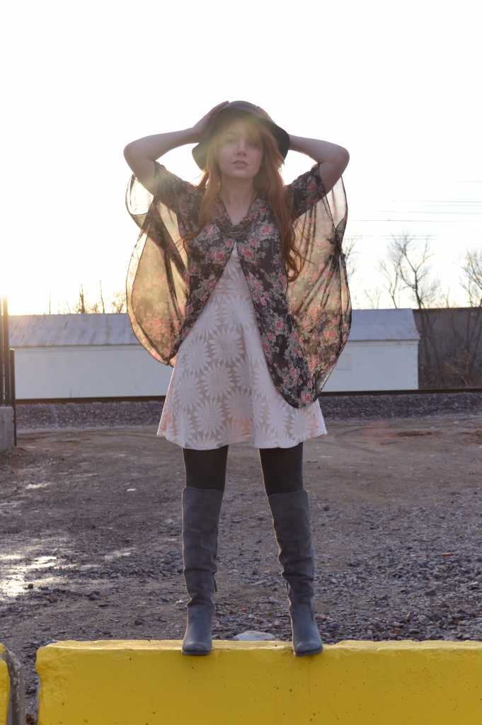 floral kimono with lace dress and boots (2)