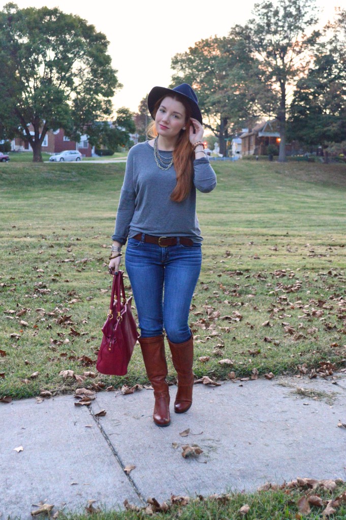 Kit And Ace Outfit - Cashmere Sweater with Jeans and Hat - Oh Julia Ann - Marc by Marc Jacobs Too Hot To Handle Tote - Naturalizer Damaris Boot - American Eagle Jeggings