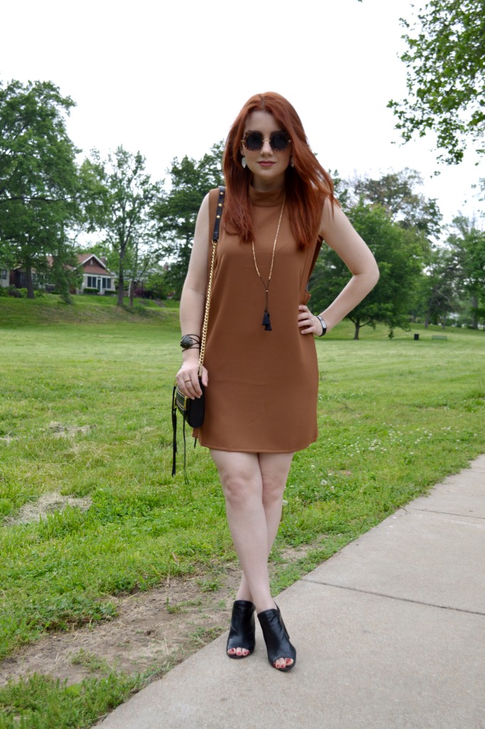 Oh Julia Ann - Brown Tobi Shift Dress with Peep Toe Booties - Summer Outfit Idea - Rebecca Minkoff Crossbody Bag - STL Blog (2)