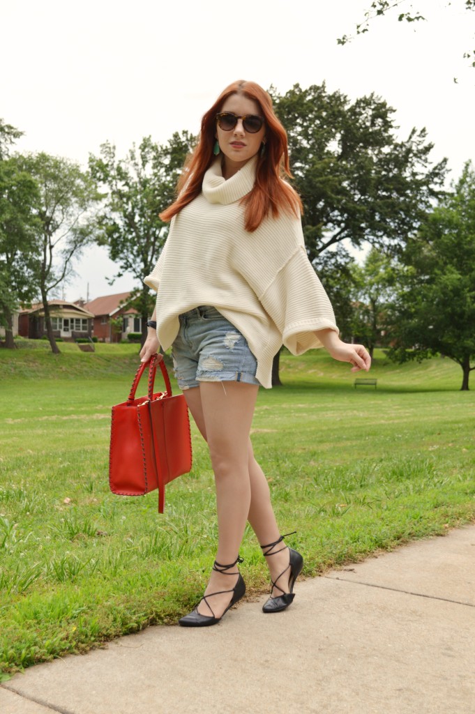 Oh Julia Ann Summer Outfit that Transitions to Fall - Free People Turtleneck Pullover Sweater with Denim Cut Off Shorts, Kendra Scott Caroline Earrings, Lace Up Flats  (1 (1)