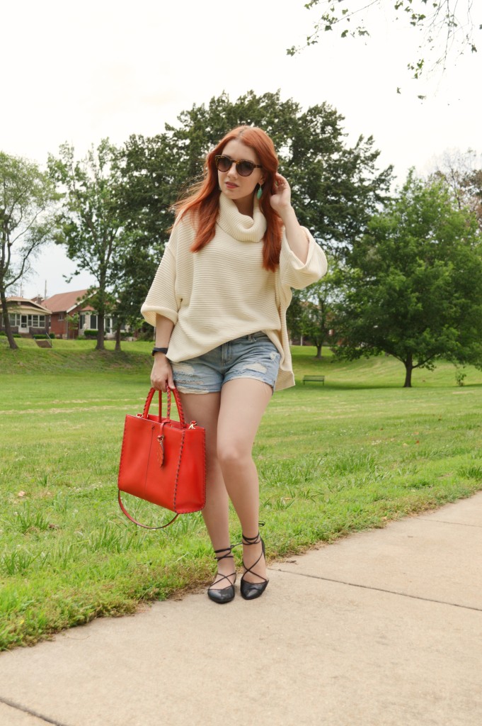 Oh Julia Ann Summer Outfit that Transitions to Fall - Free People Turtleneck Pullover Sweater with Denim Cut Off Shorts, Kendra Scott Caroline Earrings, Lace Up Flats  (1