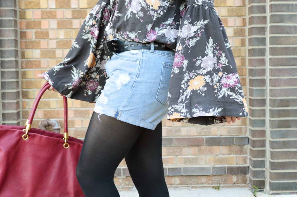 Free People Bell Sleeve Blouse with Denim Cut Off Shorts, Tights, and Booties - Summer Outfit by Oh Julia Ann (4)