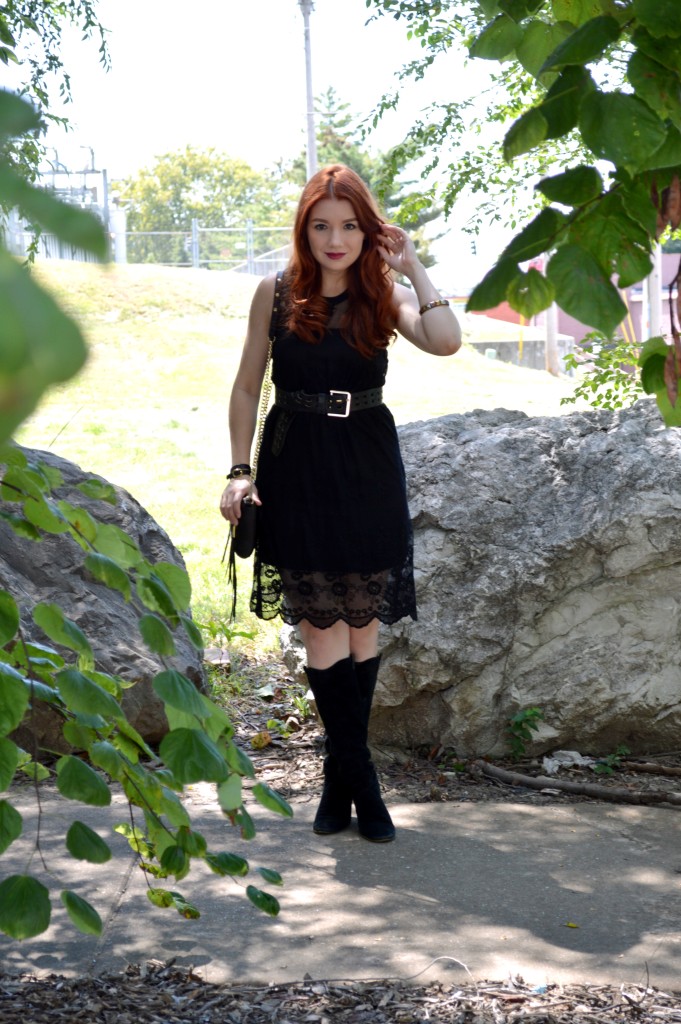 Black Lace Black Dress LBD Outfit - Witchy Autumn Look with Black Steve Madden Boots and Rebecca Minkoff Zip Crossbody Bag - Outfit by Oh Julia Ann (1)